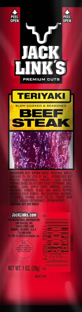 Jack Link’s Beef Steaks  Teriyaki  Made with 100% Beef  11g of Protein per Beef Steak  1 oz