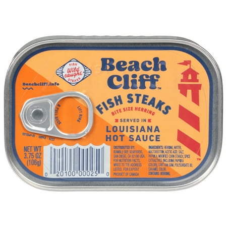 Beach Cliff Wild Caught Fish Steaks in Louisiana Hot Sauce  Gluten Free  15g Protein per Serving  Bite Sized Herring  Shelf Stable Can  3.75 oz