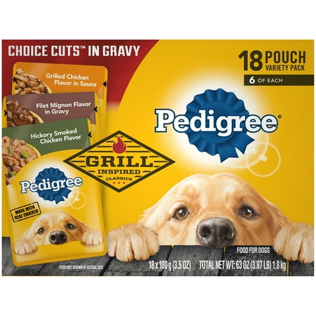 (18 Pack) PEDIGREE CHOICE CUTS in Gravy Grill Inspired Classics Adult Wet Dog Food Variety Pack, 3.5 oz. Pouches: Hickory Smoked Chicken Flavor, Grilled Chicken Flavor, and Filet Mignon Flavor