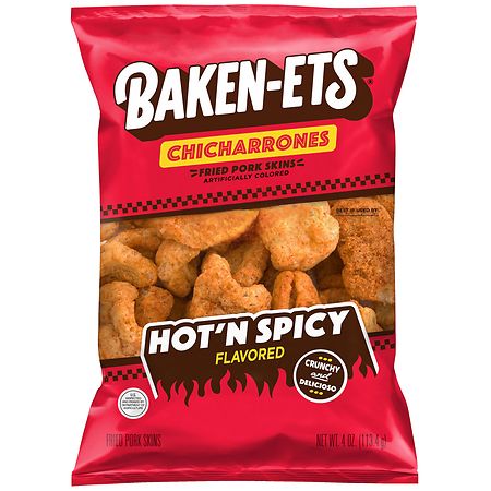 Baken-Ets Fried Pork Skins  Hot  N Spicy  4 oz Bag  Snack Chips