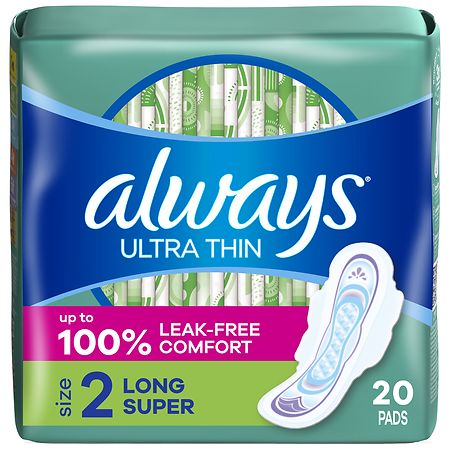 Always Ultra Thin Pads with Wings  Size 2  Long Super Absorbency  20 CT