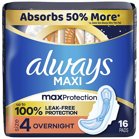 Always Maxi Overnight Pads with Wings  Size 4  Overnight Absorbency  16 CT