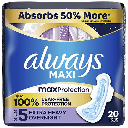 Always Maxi Extra Heavy Overnight Pads with Wings - Size 5 - 20ct