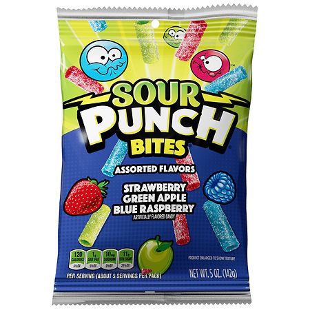 SOUR PUNCH, BITES, ASSORTED FLAVORS CANDY, STRAWBERRY BLUE RASPBERRY GREEN APPLE