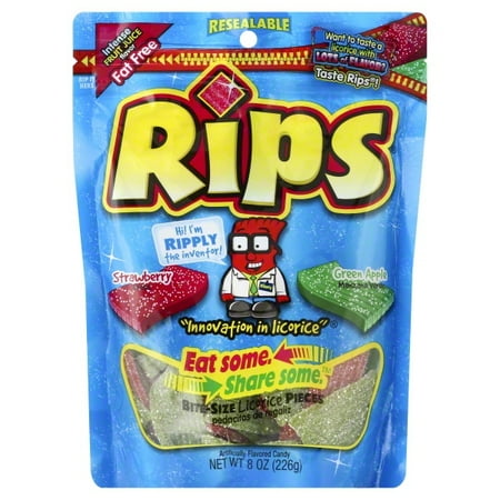 RIPS, EAT SOME. SHARE SOME, BITE-SIZE LICORICE PIECES, STRAWBERRY GREEN APPLE