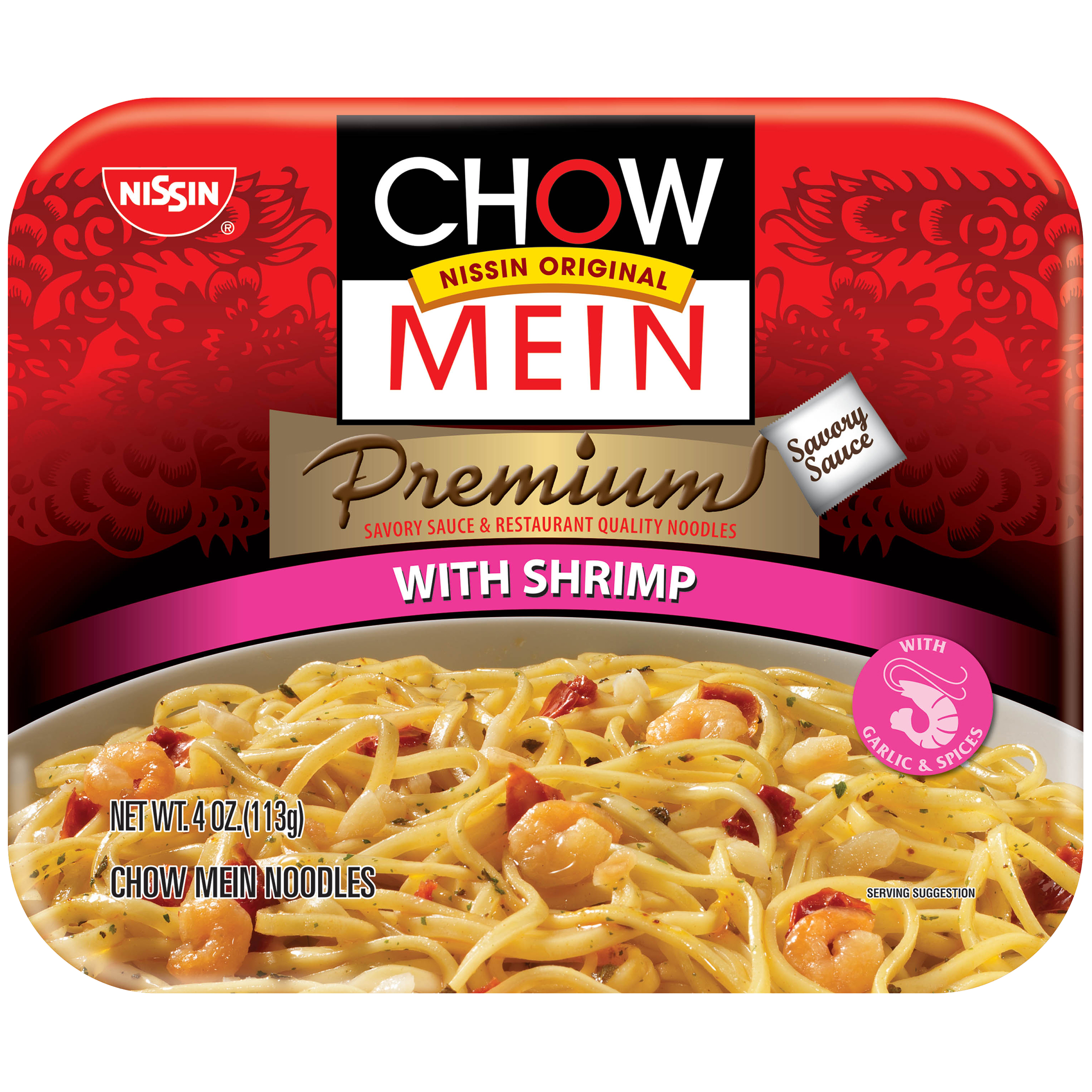 SAVORY SAUCE PREMIUM CHOW MEIN NOODLES WITH SHRIMP, SHRIMP