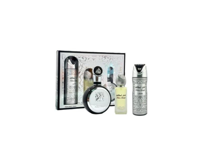 340072 Fakhar Set for Men - 3.4 oz Eau De Parfum Spray Plus 6.7 oz Perfumed Body Spray Plus 1.7 oz Hair Mist - 3 Piece