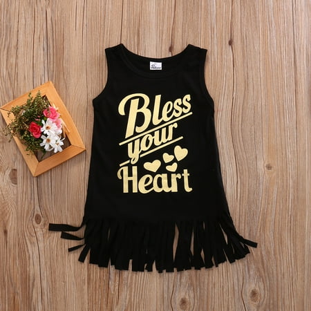 Girl s Summer Black Sleeveless Round Neck Letter Print Tassel Dress