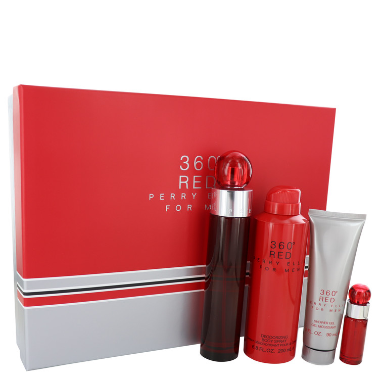 Perry Ellis 360 Red 4 Pc Gift Set - 3.4oz EDT Spray  6oz Body Spray  3oz Shower Gel  7.5ml EDT Spray