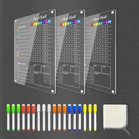 SJJ Acrylic Chore Chart  12 x16  Reward Responsibility Chart  Chores Checklist  3 Weekly Fridge for Teens Adult Multiple Users  Includes 18 Markers